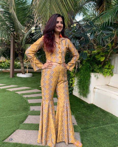 Buy Nikasha Gold Brocade Woven Crop Top With Sharara Pants Online | Aza  Fashions