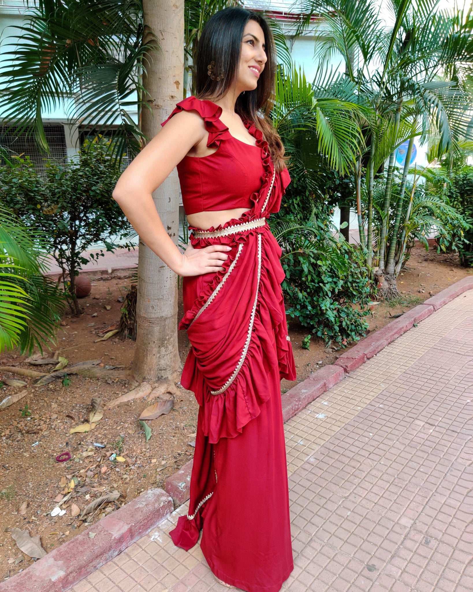 Buy Online Lycra Embroidered Maroon Ruffle Saree : 224054 -